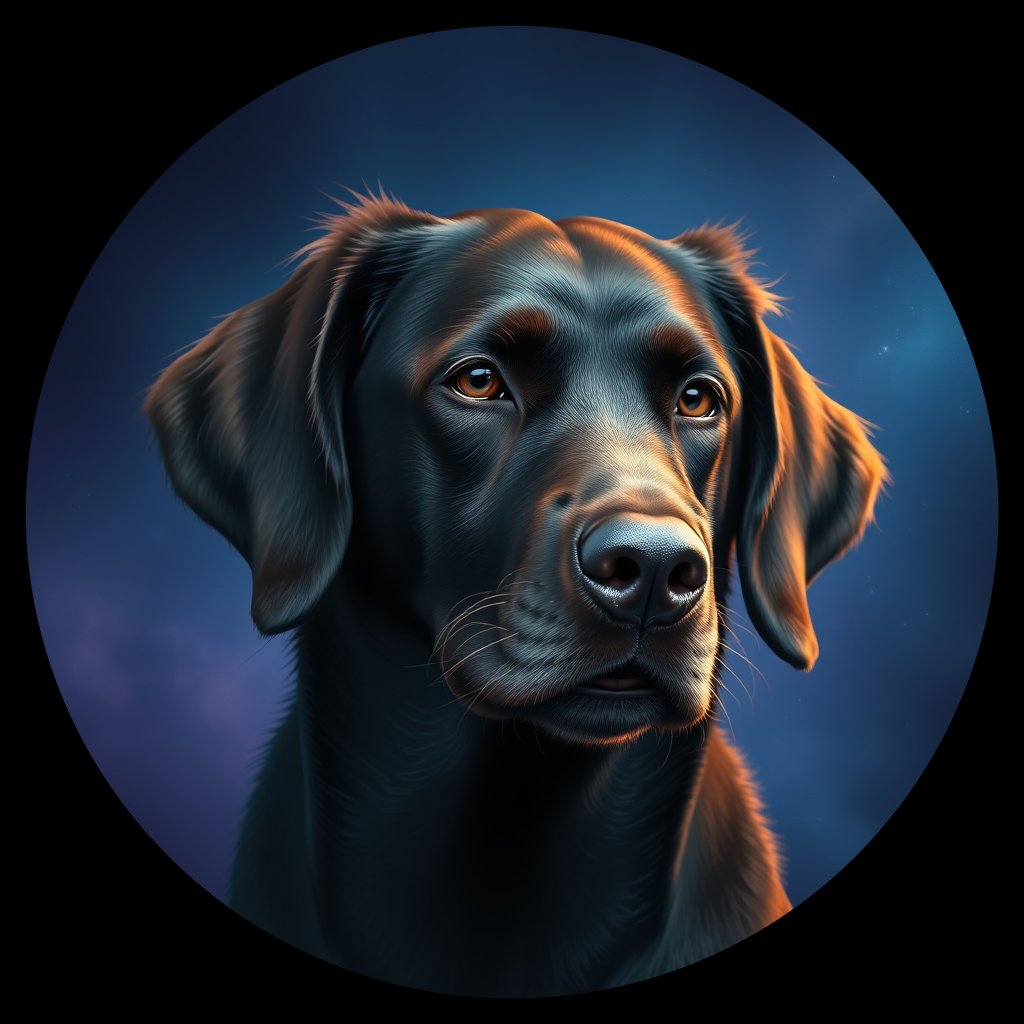 Cosmic medallion portrait of CCRT_CCRT_27031, a Curly Coated Retriever