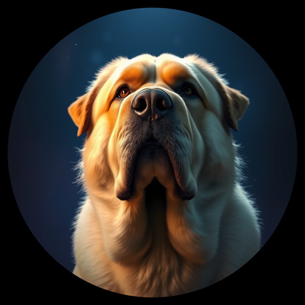 Cosmic medallion portrait of C_TMf_C_TMf1, a Tibetan Mastiff