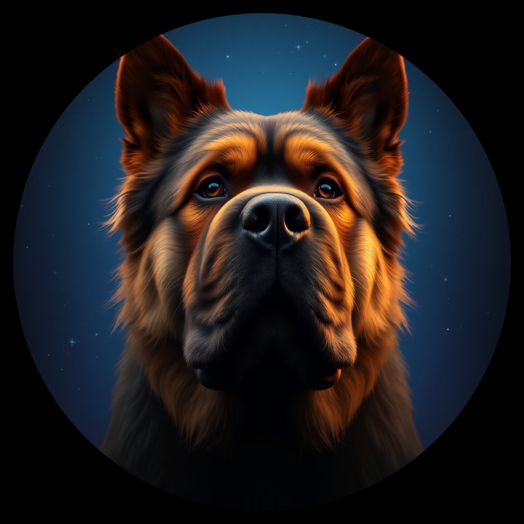 Cosmic medallion portrait of C_TMf_C_TMf10, a Tibetan Mastiff