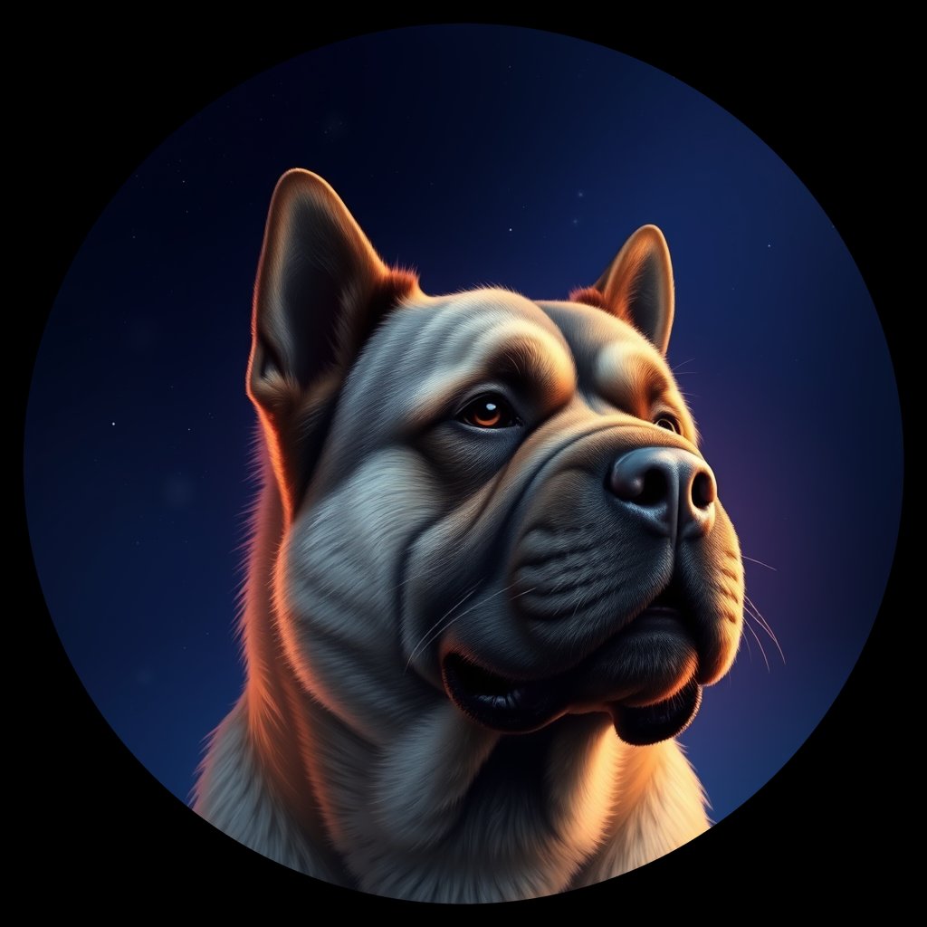 Cosmic medallion portrait of C_TMf_C_TMf12, a Tibetan Mastiff