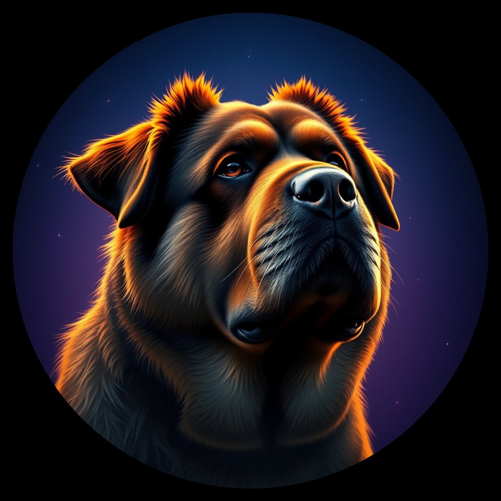 Cosmic medallion portrait of C_TMf_C_TMf2, a Tibetan Mastiff