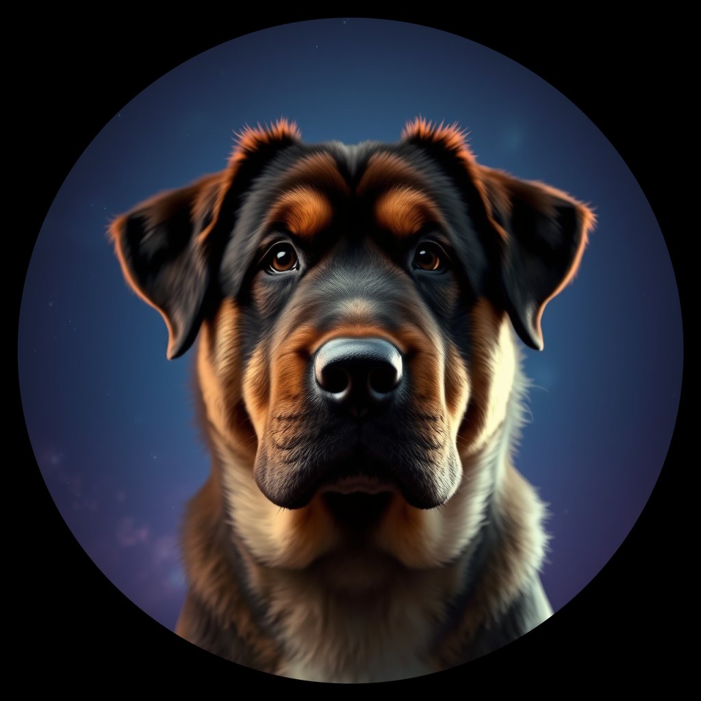 Cosmic medallion portrait of C_TMf_C_TMf3, a Tibetan Mastiff