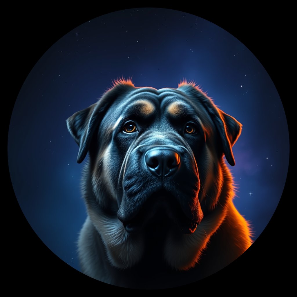 Cosmic medallion portrait of C_TMf_C_TMf4, a Tibetan Mastiff