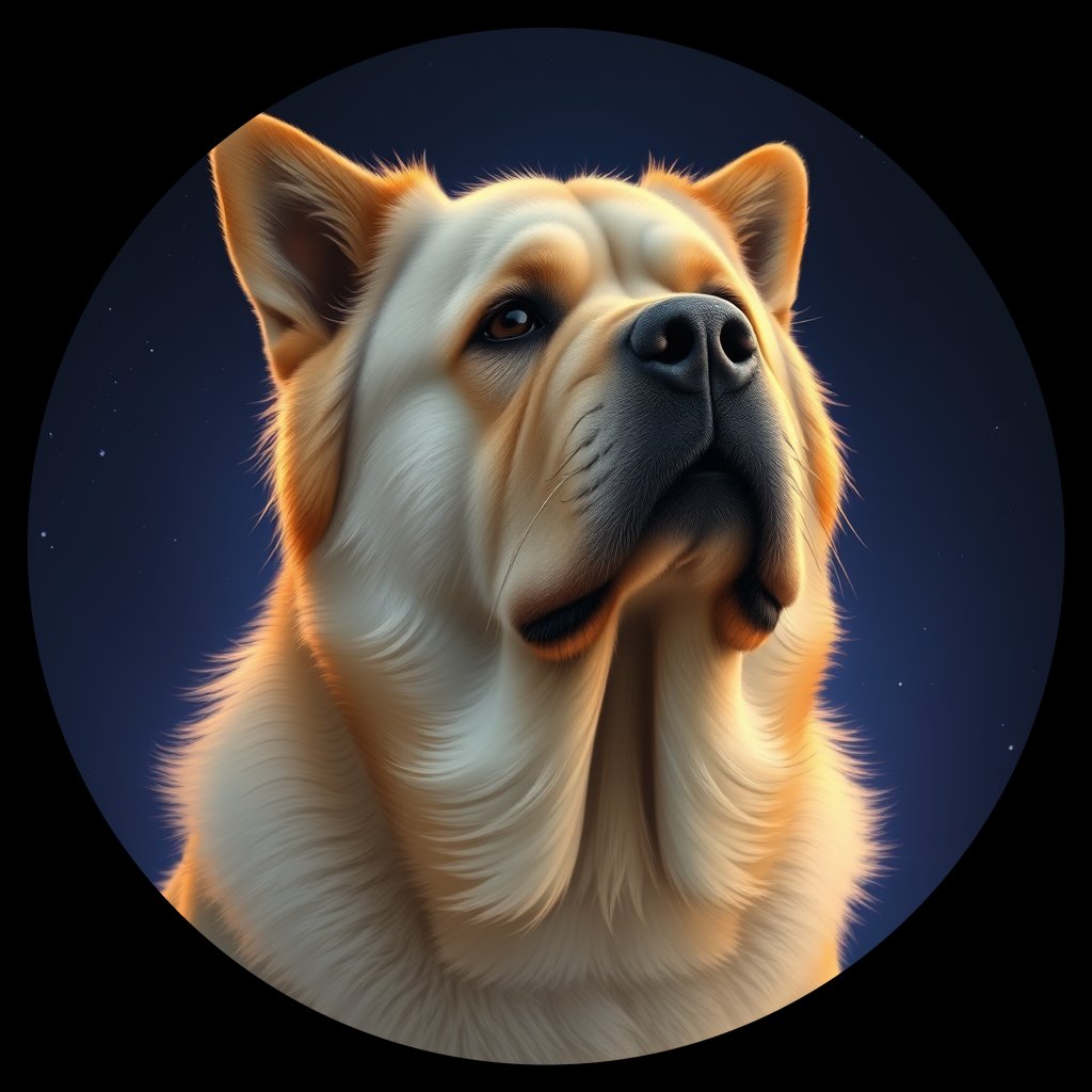 Cosmic medallion portrait of C_TMf_C_TMf5, a Tibetan Mastiff