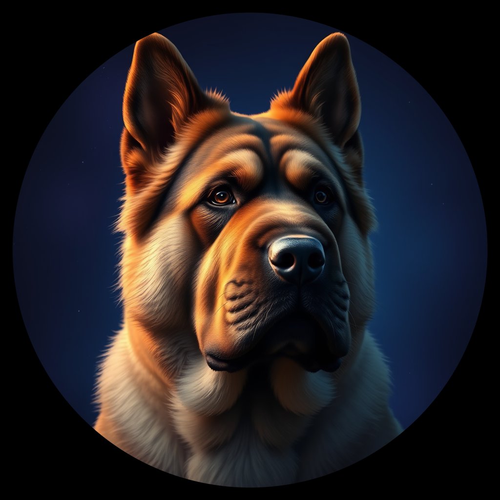 Cosmic medallion portrait of C_TMf_C_TMf7, a Tibetan Mastiff
