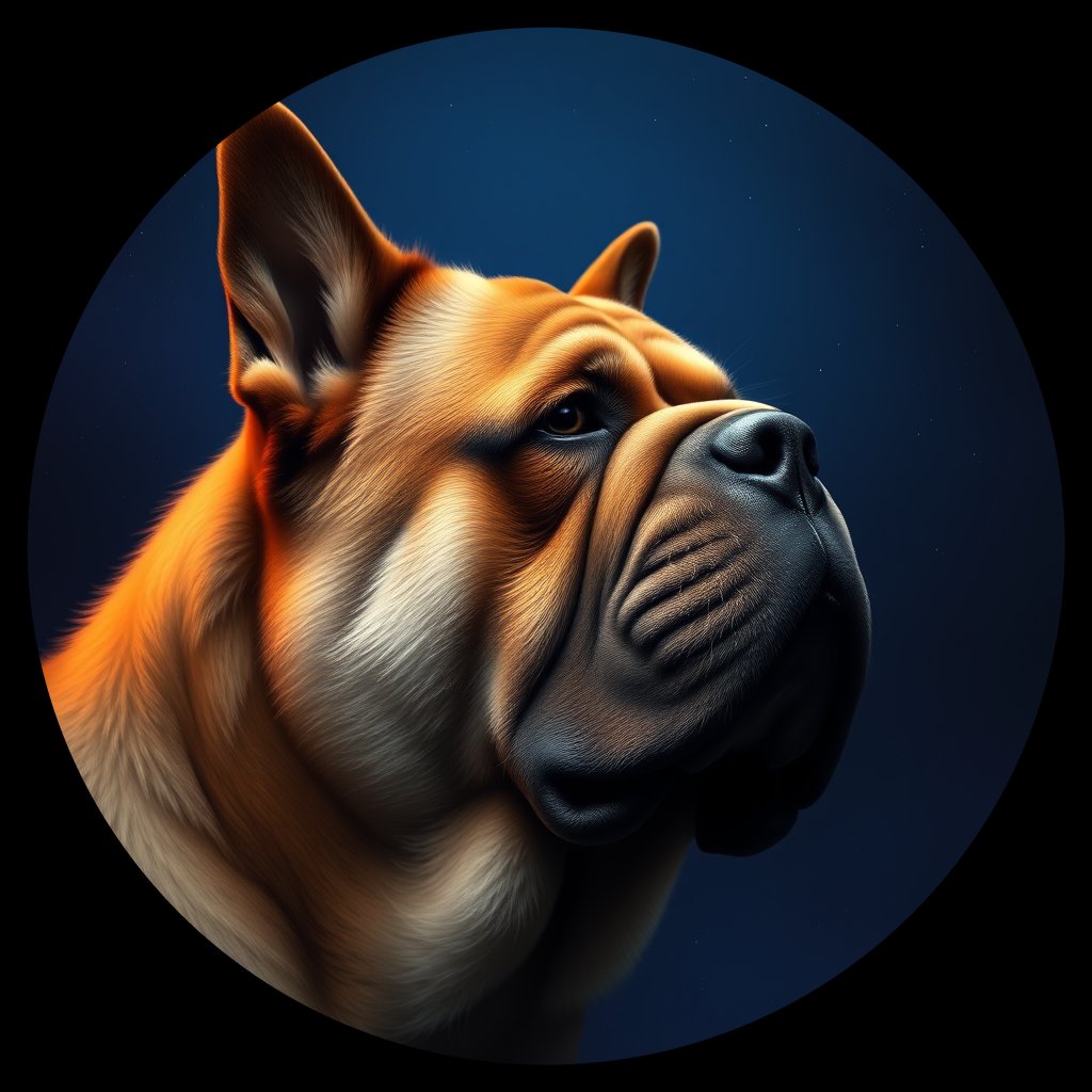 Cosmic medallion portrait of C_TMf_C_TMf8, a Tibetan Mastiff