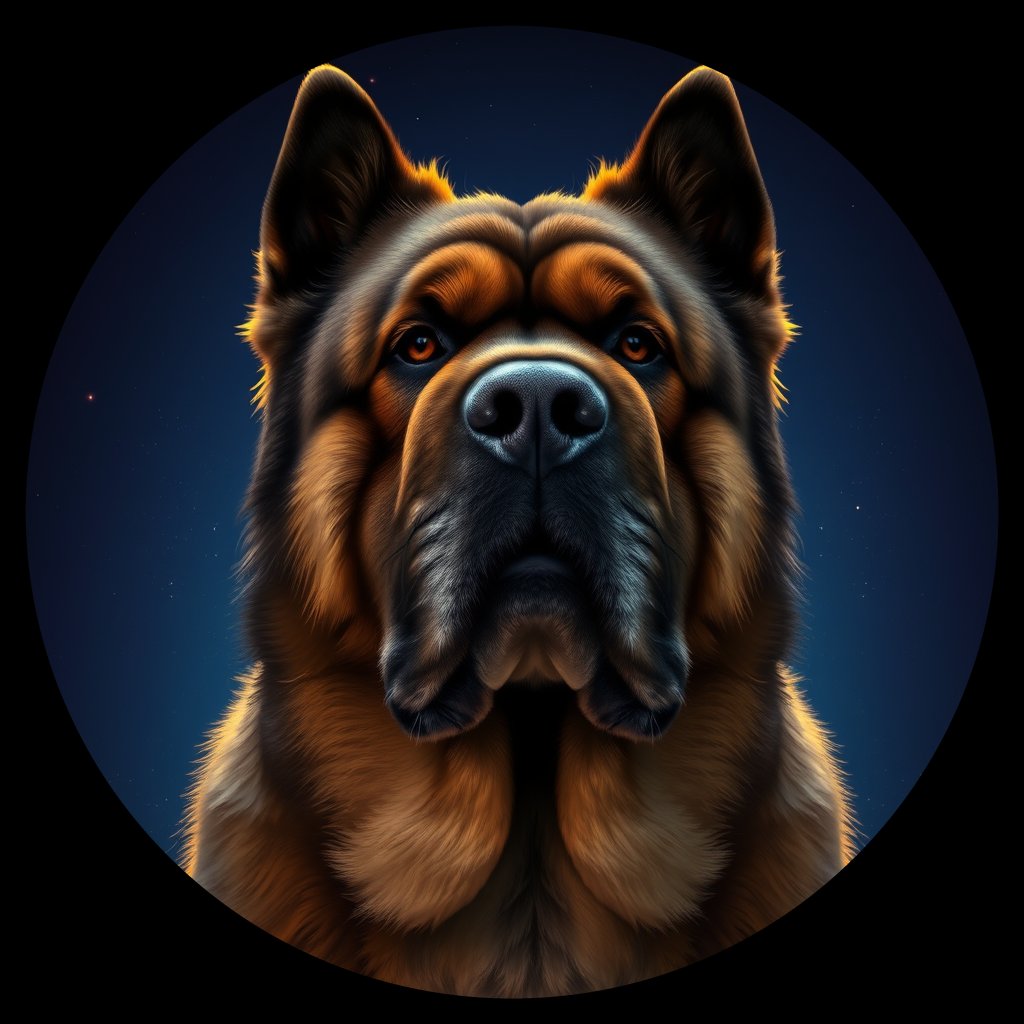 Cosmic medallion portrait of C_TMf_C_TMf9, a Tibetan Mastiff