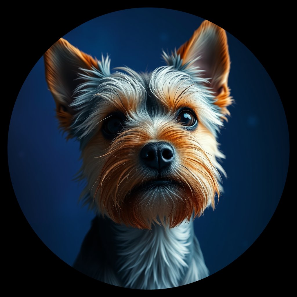 Cosmic medallion portrait of D9-Shaggy-Center-YT_D9-Shaggy-Center-YT, a Yorkshire Terrier