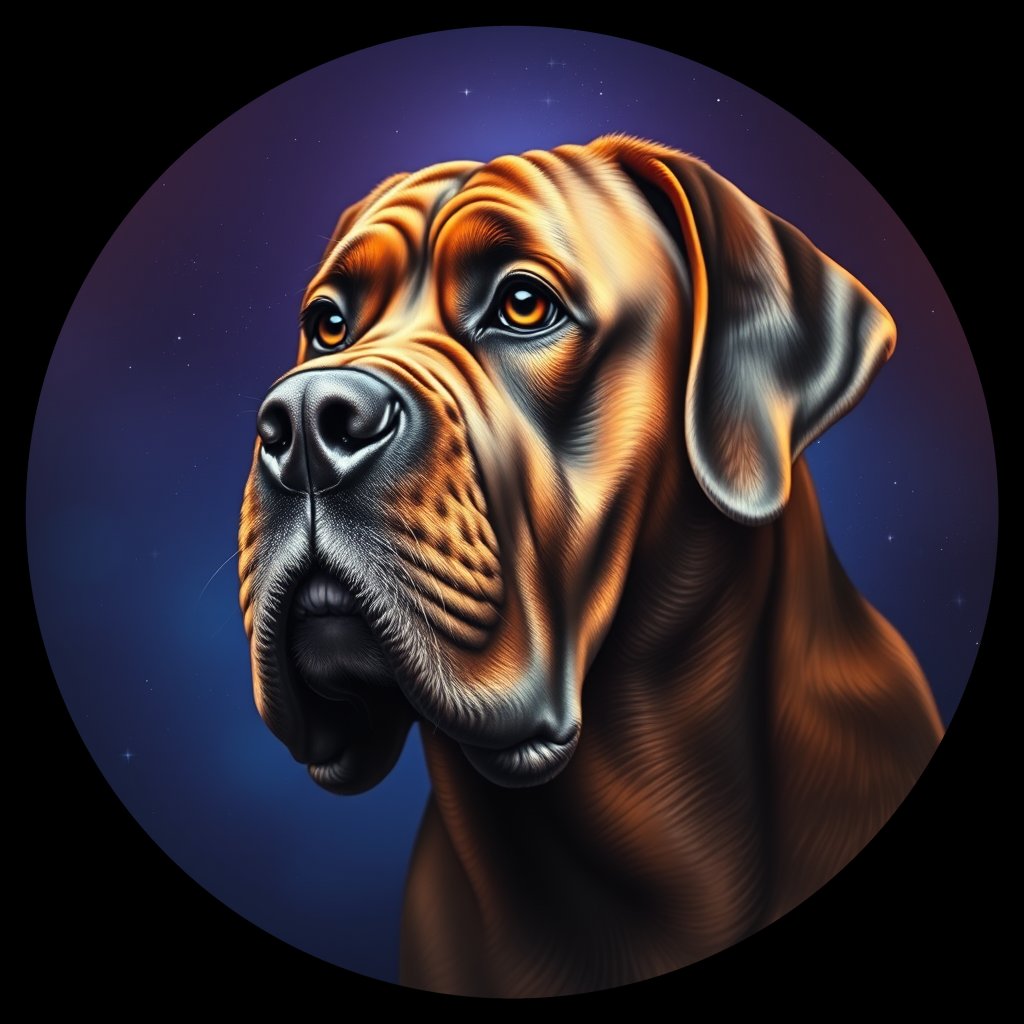 Cosmic medallion portrait of DDBX_DDBX_24930, a Dogue De Bordeaux