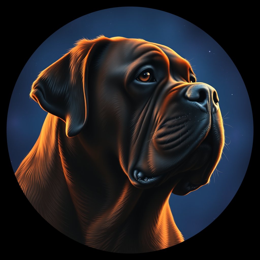 Cosmic medallion portrait of DDBX_DDBX_24936, a Dogue De Bordeaux