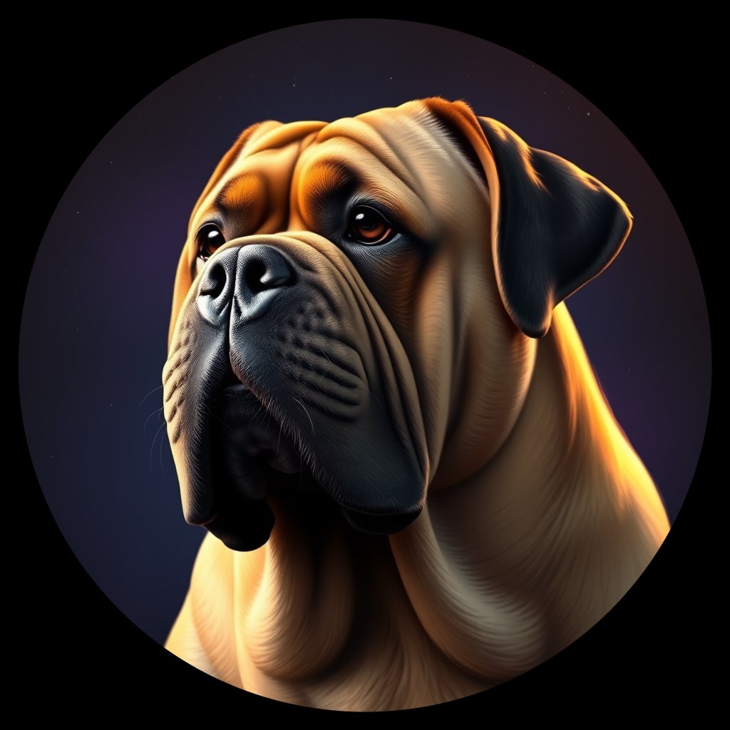 Cosmic medallion portrait of DDBX_DDBX_25487, a Dogue De Bordeaux