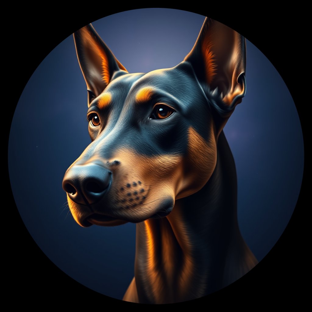 Cosmic medallion portrait of DOBP_Dob_0LU148, a Doberman Pinscher