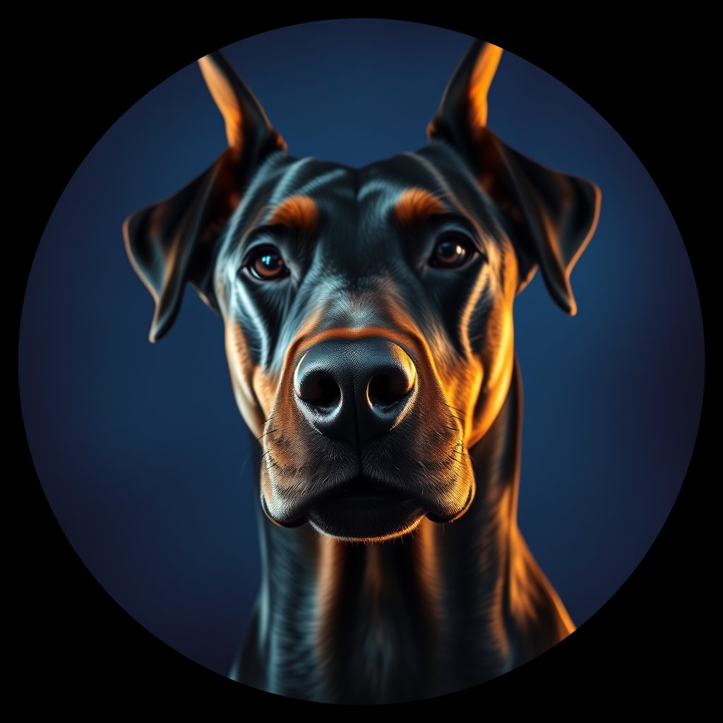 Cosmic medallion portrait of DOBP_Dob_0LU149, a Doberman Pinscher