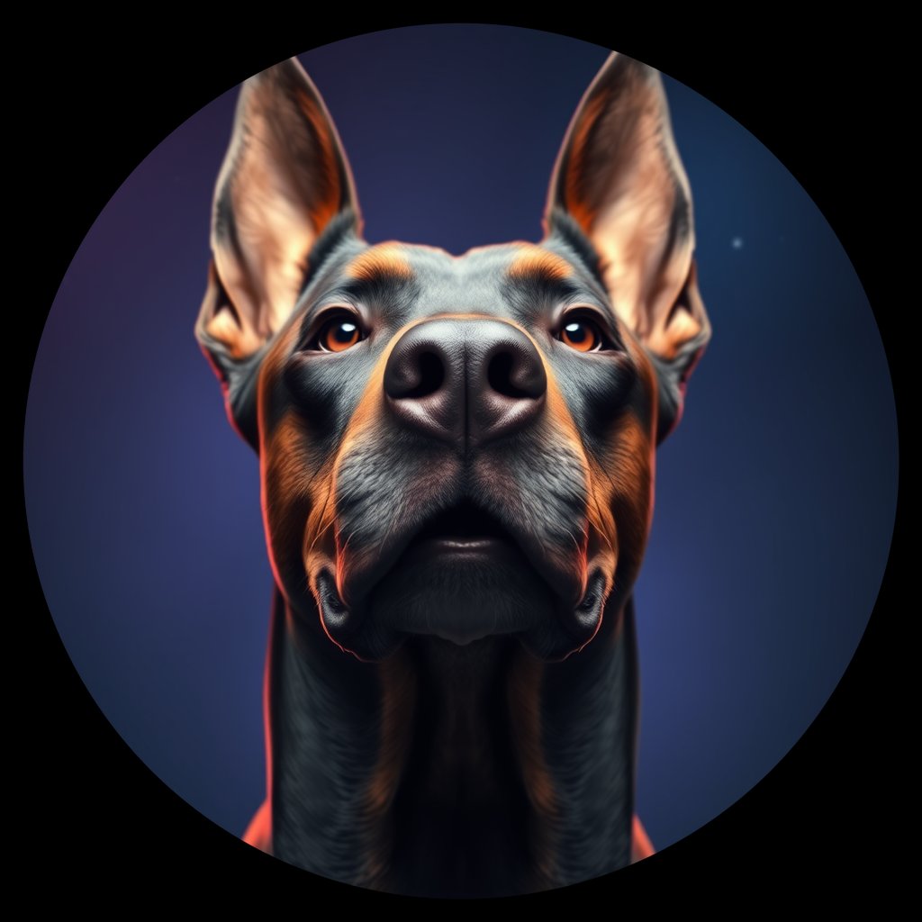 Cosmic medallion portrait of DOBP_Dob_0LU150, a Doberman Pinscher