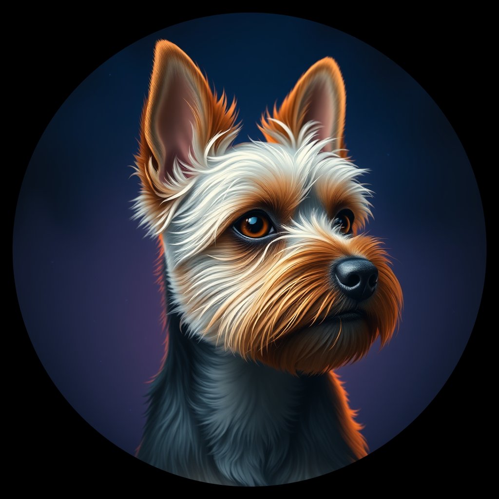 Cosmic medallion portrait of E8-Obie-Williams-YT-Biewar_E8-Obie-Williams-YT-Biewar, a Yorkshire Terrier
