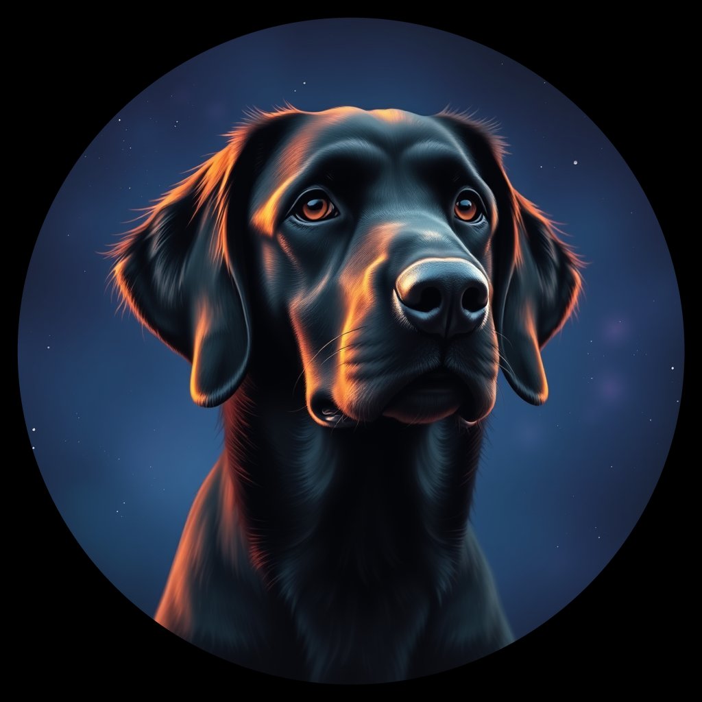 Cosmic medallion portrait of FCR_25382_FCR_25382, a Flat Coated Retriever