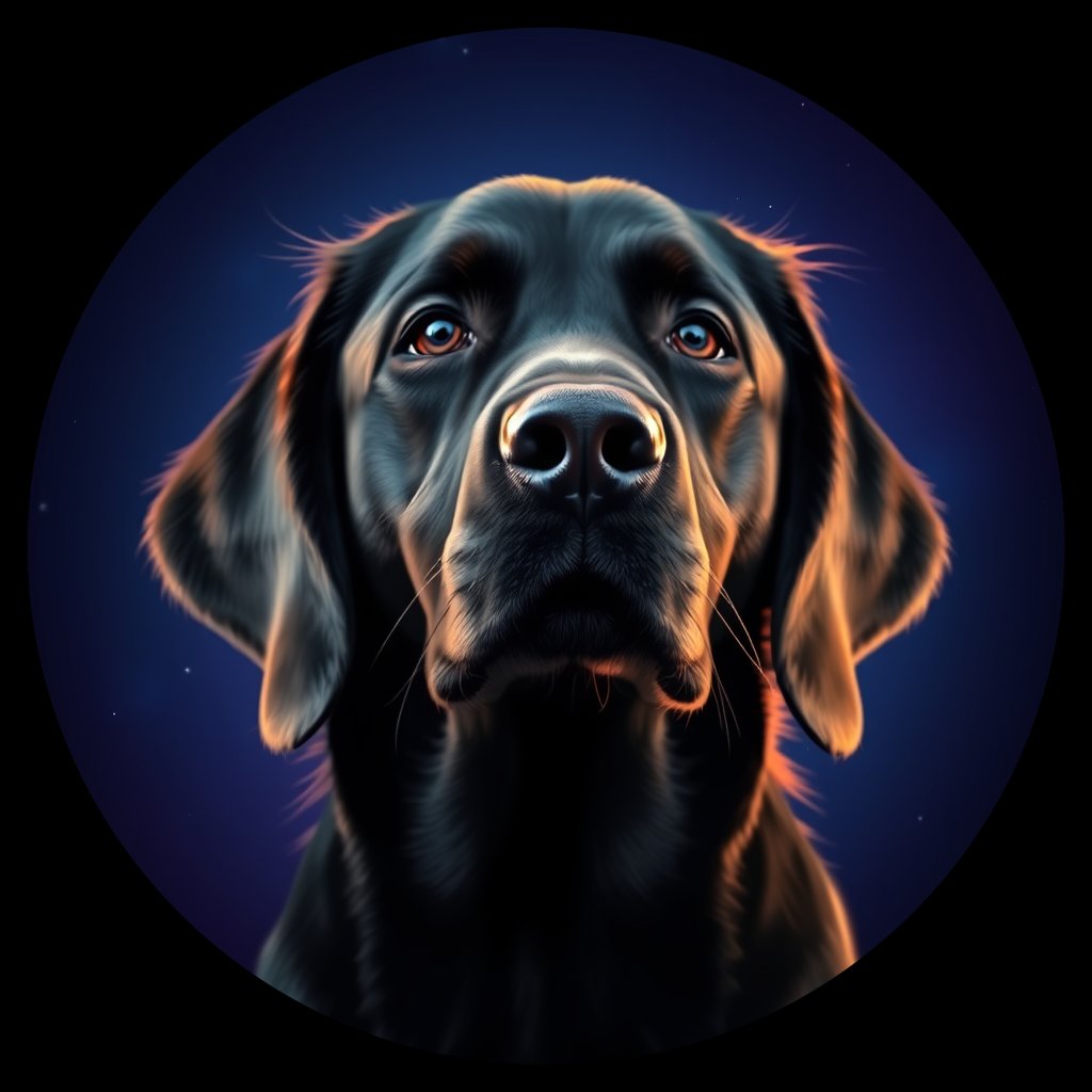 Cosmic medallion portrait of FCR_25384_FCR_25384, a Flat Coated Retriever