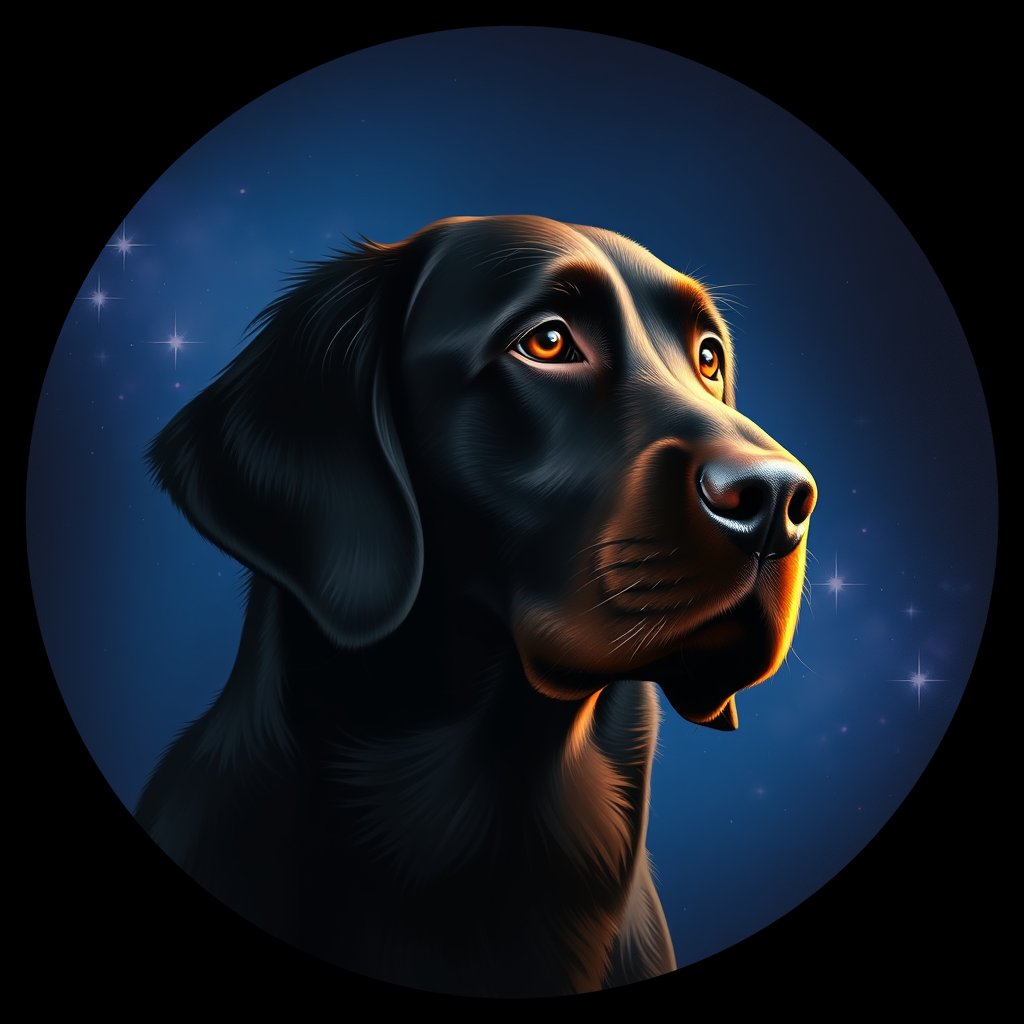 Cosmic medallion portrait of FCR_34446_FCR_34446, a Flat Coated Retriever