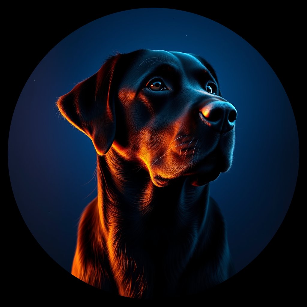 Cosmic medallion portrait of FCR_7897_FCR_7897, a Flat Coated Retriever