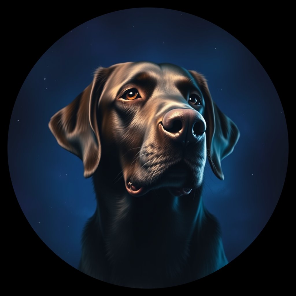 Cosmic medallion portrait of FCR_FCR_010697, a Flat Coated Retriever