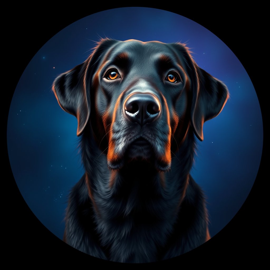 Cosmic medallion portrait of FCR_FCR_012026, a Flat Coated Retriever