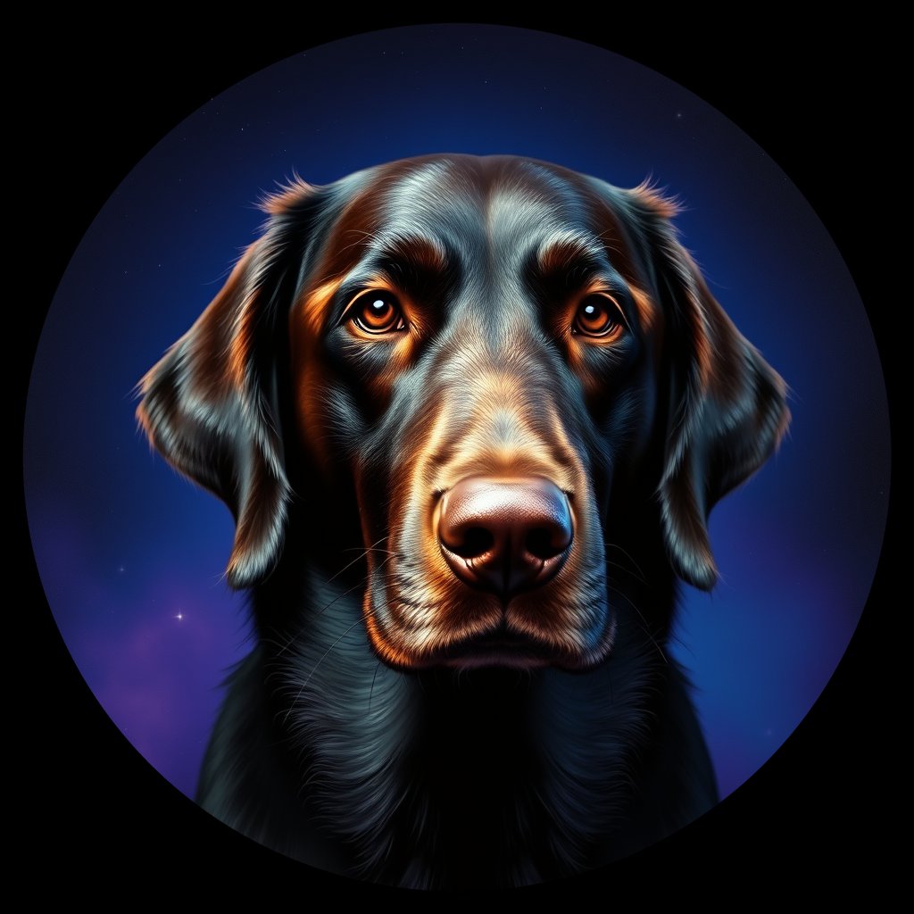 Cosmic medallion portrait of FCR_FCR_020576, a Flat Coated Retriever