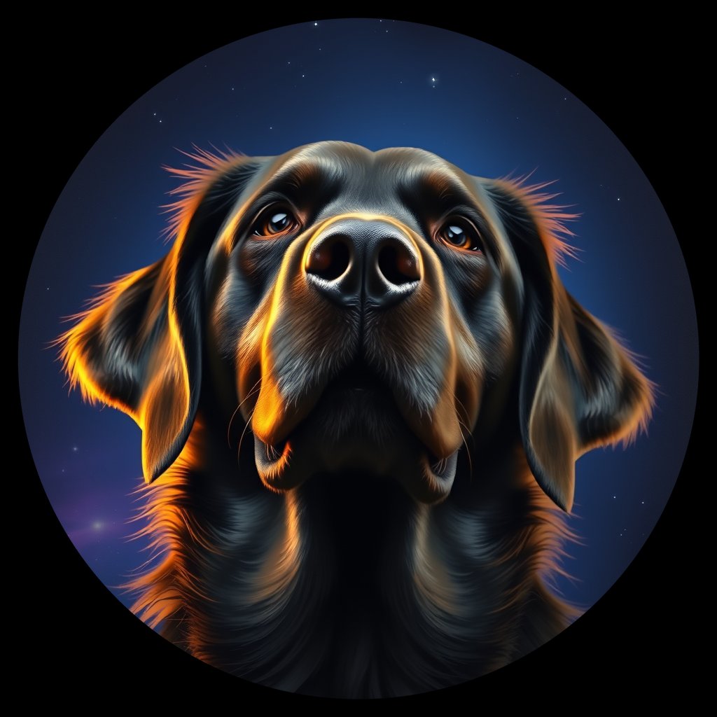 Cosmic medallion portrait of FCR_FCR_024743, a Flat Coated Retriever