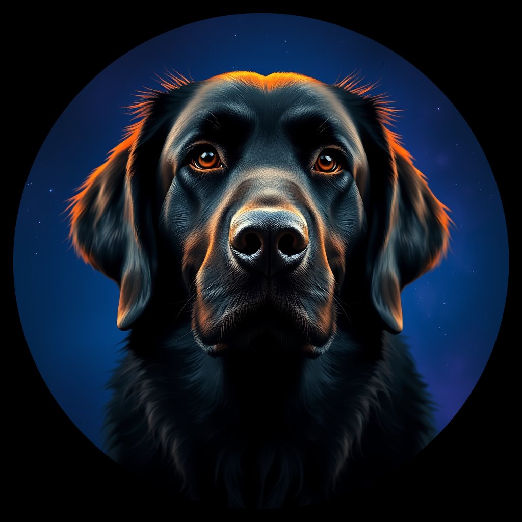 Cosmic medallion portrait of FCR_FCR_027007, a Flat Coated Retriever