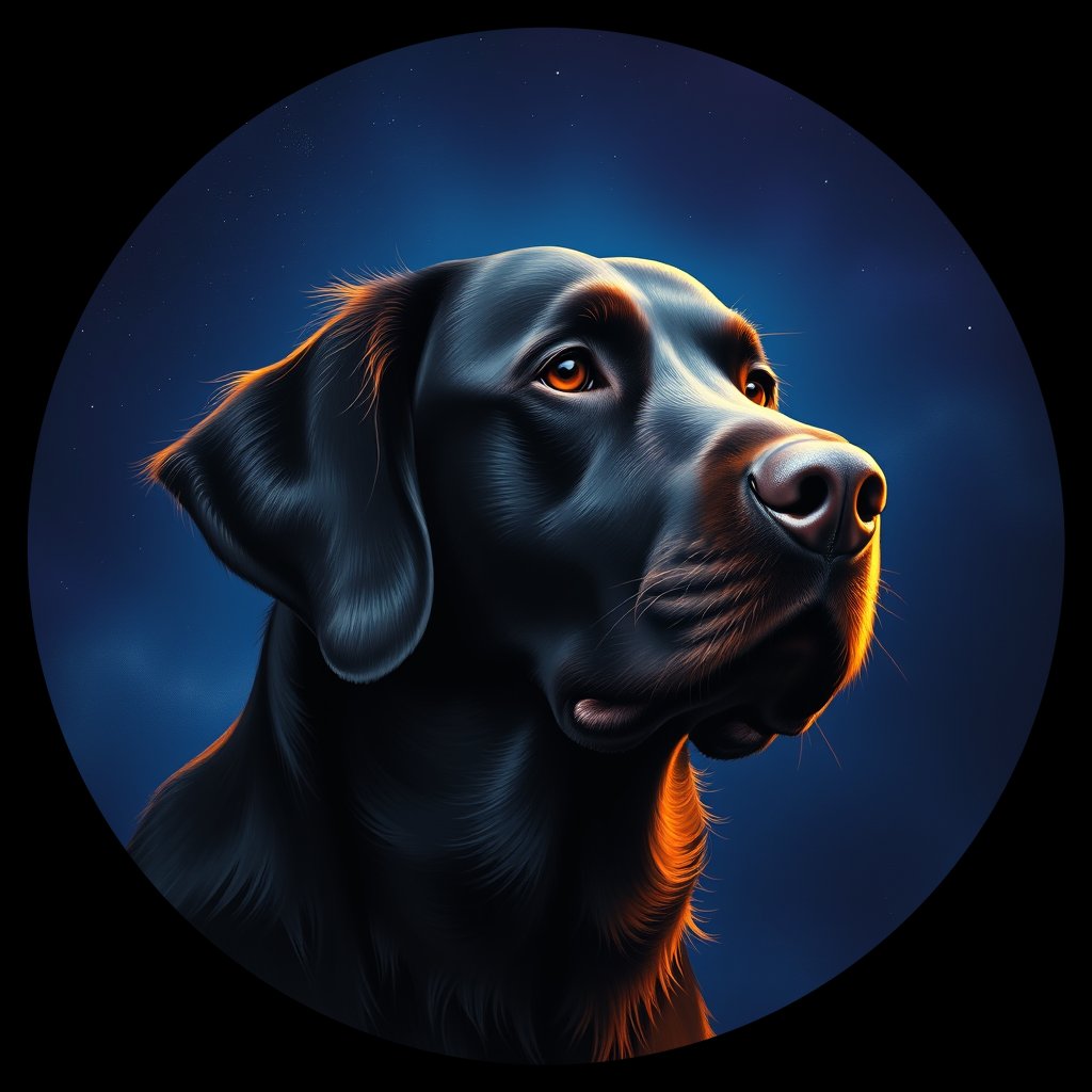 Cosmic medallion portrait of FCR_FCR_027107, a Flat Coated Retriever