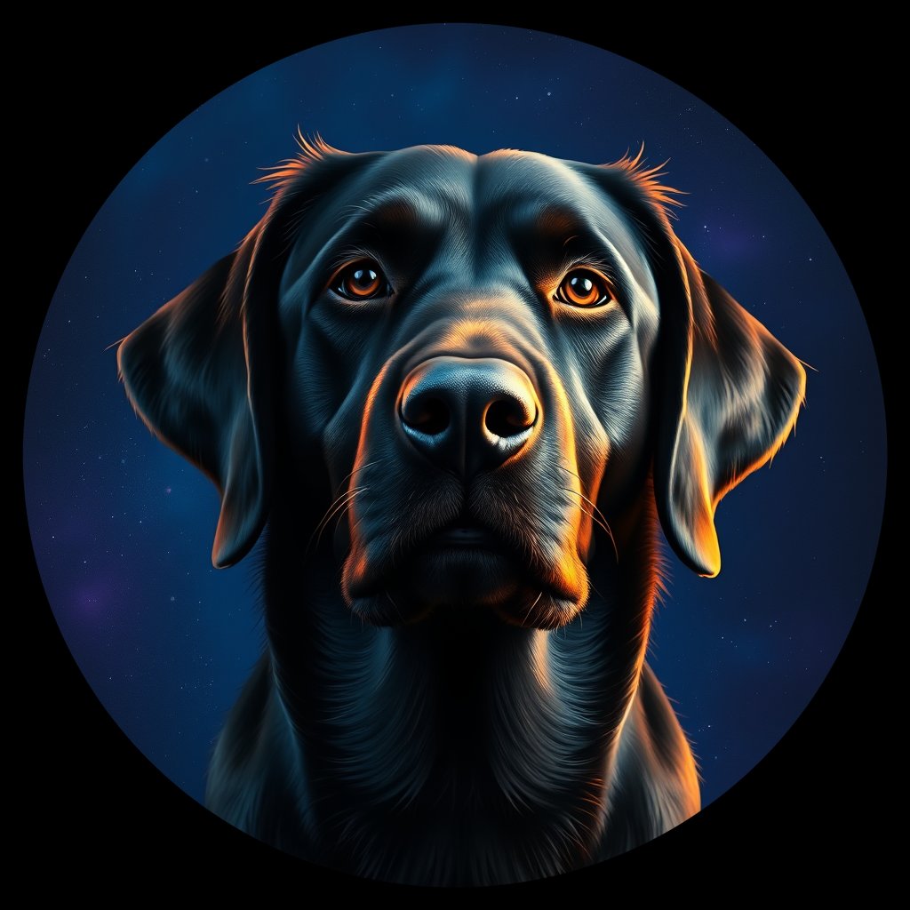 Cosmic medallion portrait of FCR_FCR_027140, a Flat Coated Retriever