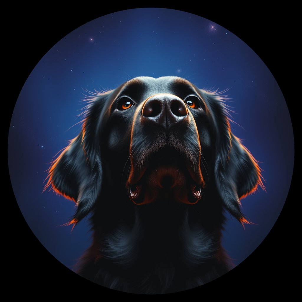 Cosmic medallion portrait of FCR_FCR_027273, a Flat Coated Retriever