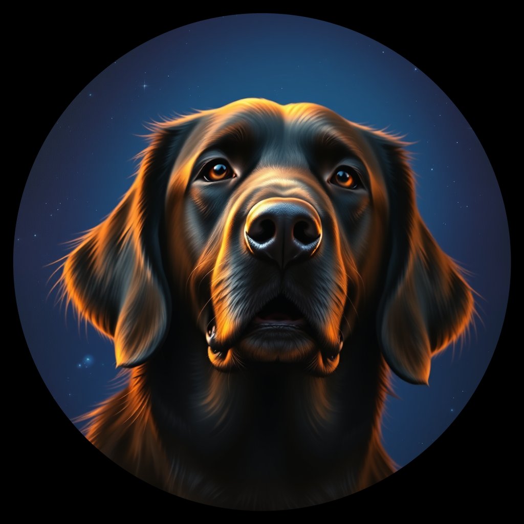Cosmic medallion portrait of FCR_FCR_027420, a Flat Coated Retriever