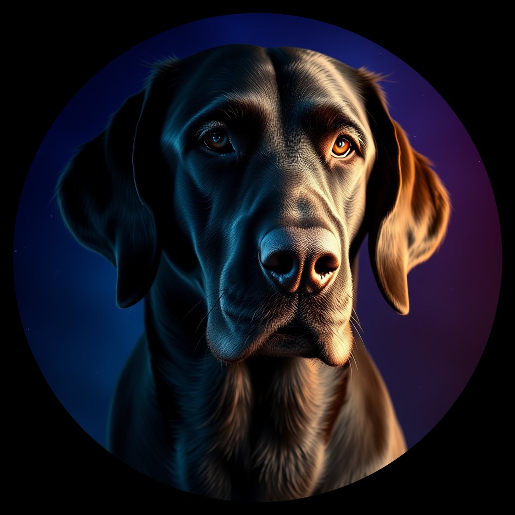 Cosmic medallion portrait of FCR_FCR_028379, a Flat Coated Retriever