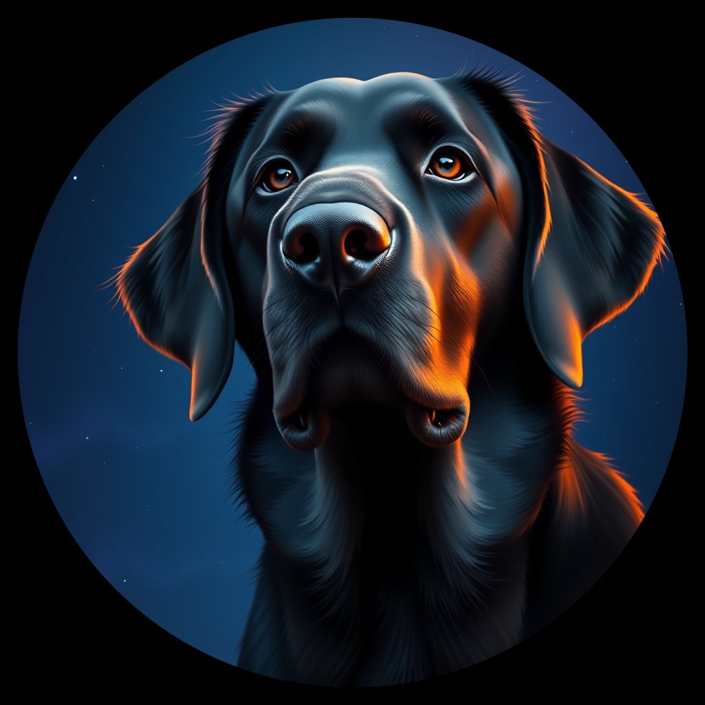 Cosmic medallion portrait of Flat_Coated_Retriever_10093, a Flat Coated Retriever