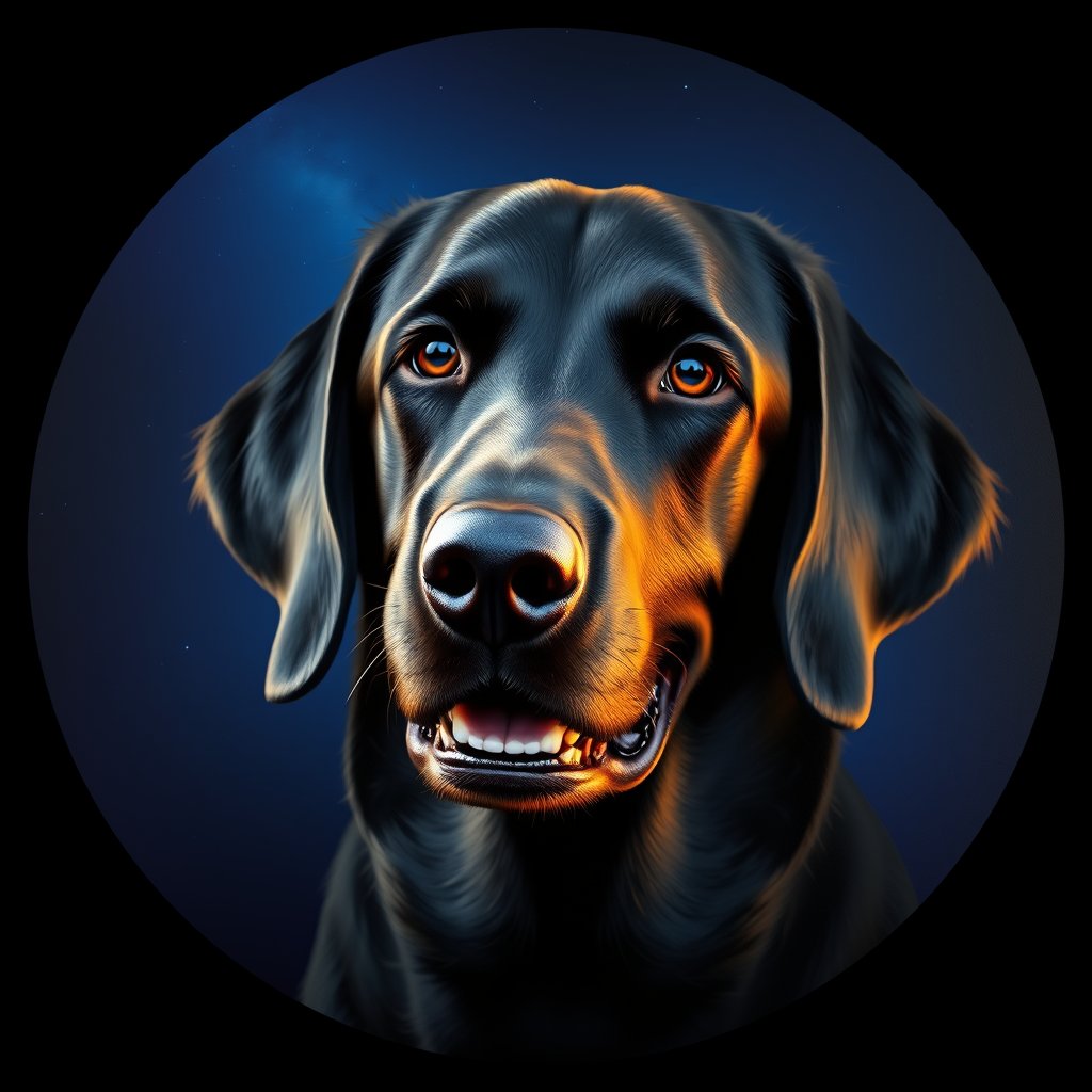 Cosmic medallion portrait of Flat_Coated_Retriever_10098, a Flat Coated Retriever
