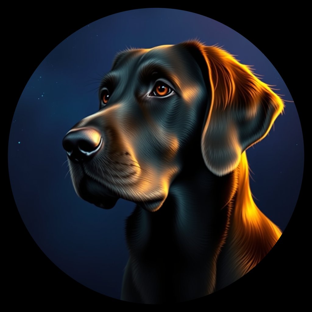 Cosmic medallion portrait of Flat_Coated_Retriever_12847, a Flat Coated Retriever