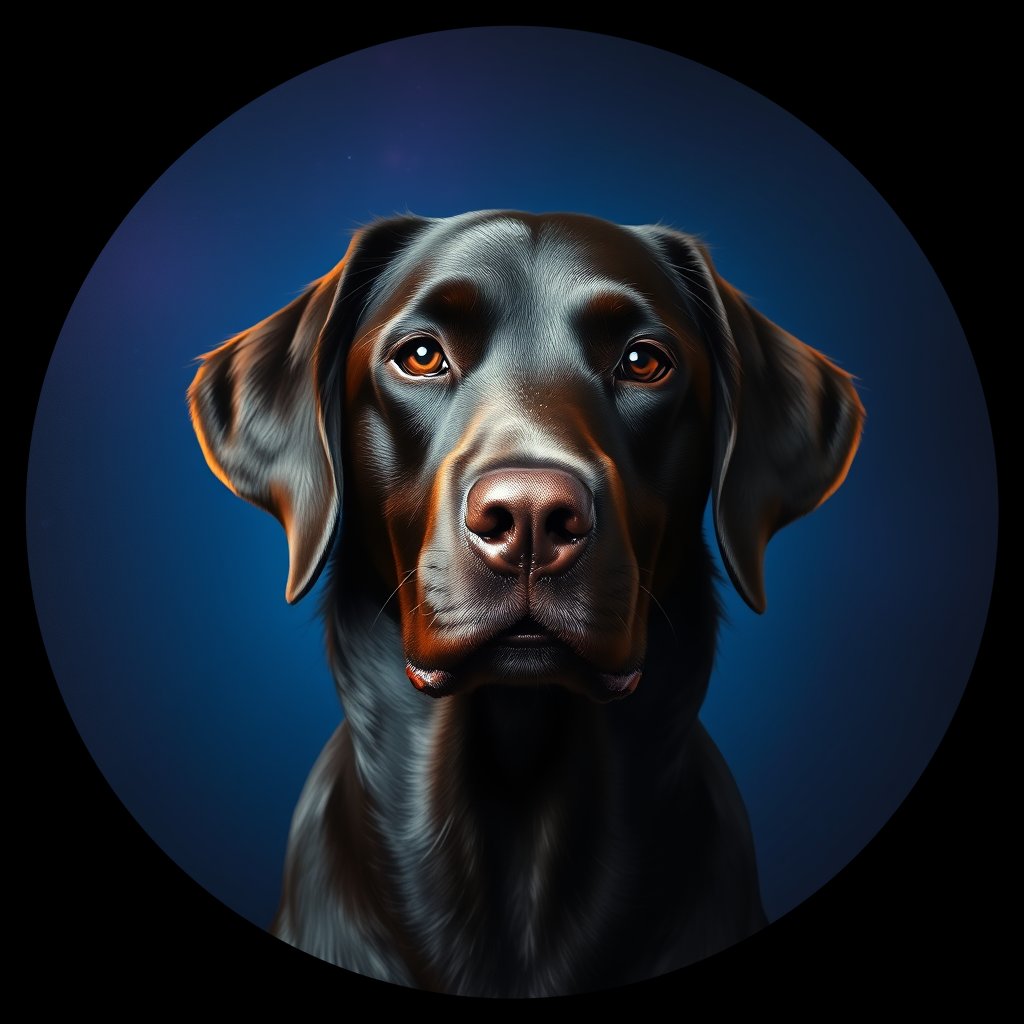 Cosmic medallion portrait of Flat_Coated_Retriever_13281, a Flat Coated Retriever