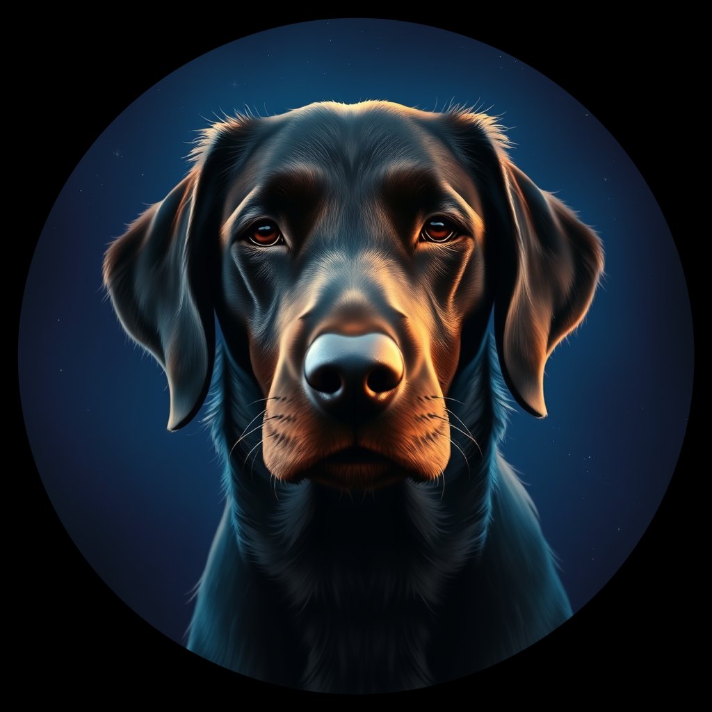 Cosmic medallion portrait of Flat_Coated_Retriever_13807, a Flat Coated Retriever