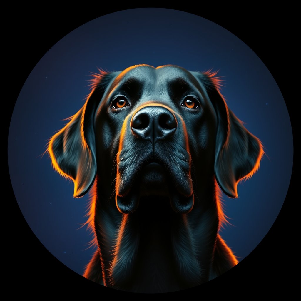 Cosmic medallion portrait of Flat_Coated_Retriever_13892, a Flat Coated Retriever