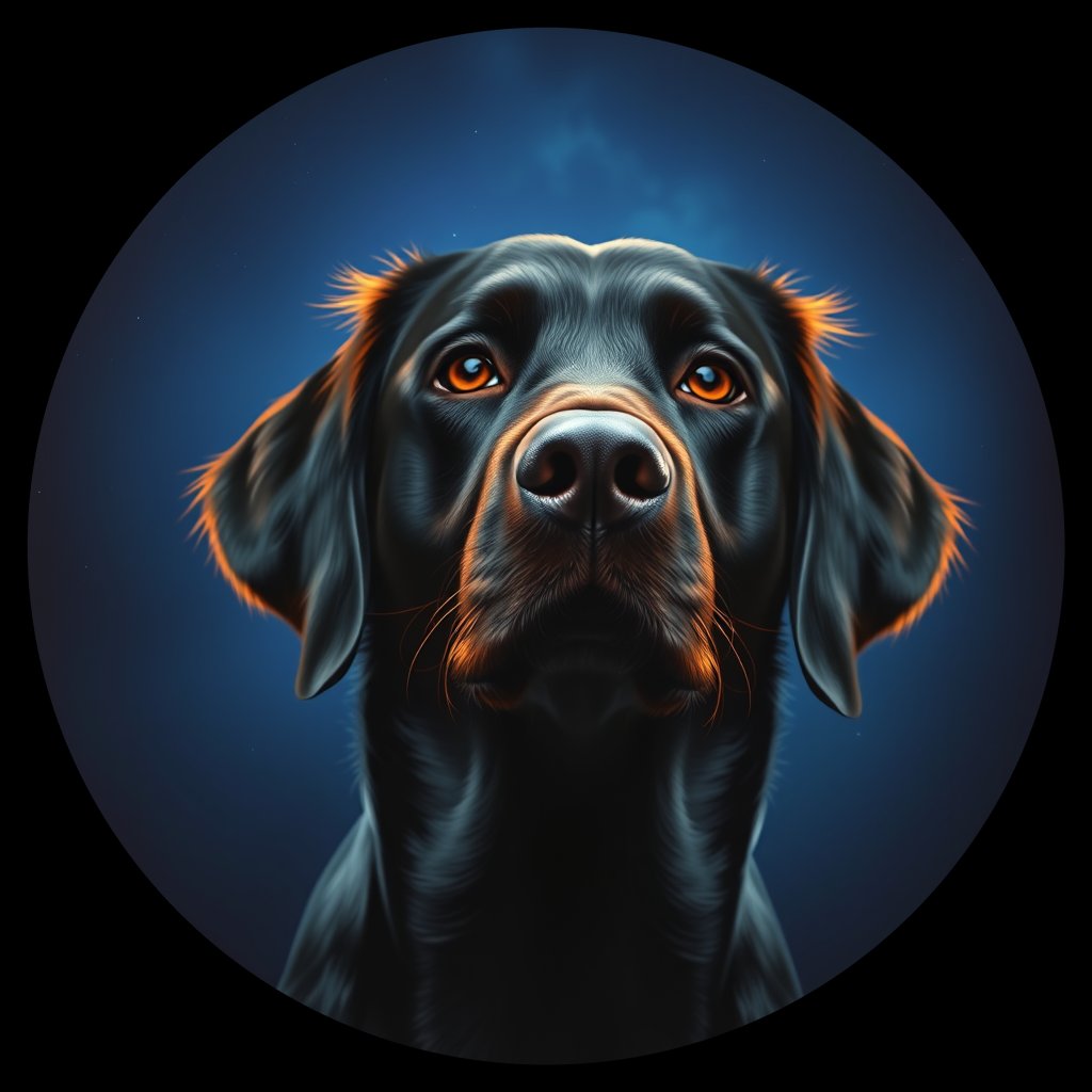 Cosmic medallion portrait of Flat_Coated_Retriever_14151, a Flat Coated Retriever