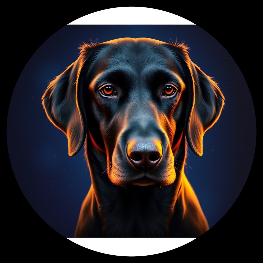 Cosmic medallion portrait of Flat_Coated_Retriever_3266, a Flat Coated Retriever