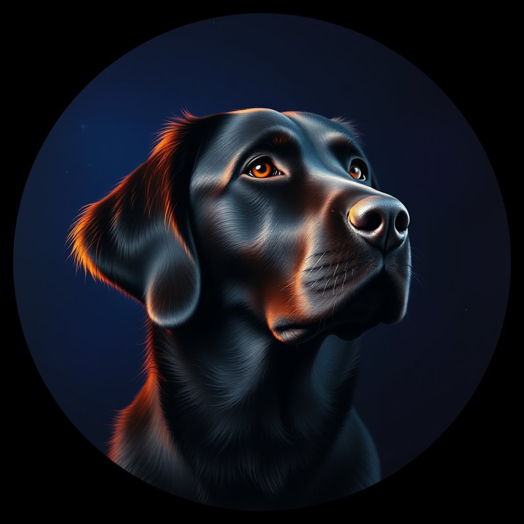 Cosmic medallion portrait of Flat_Coated_Retriever_3588, a Flat Coated Retriever