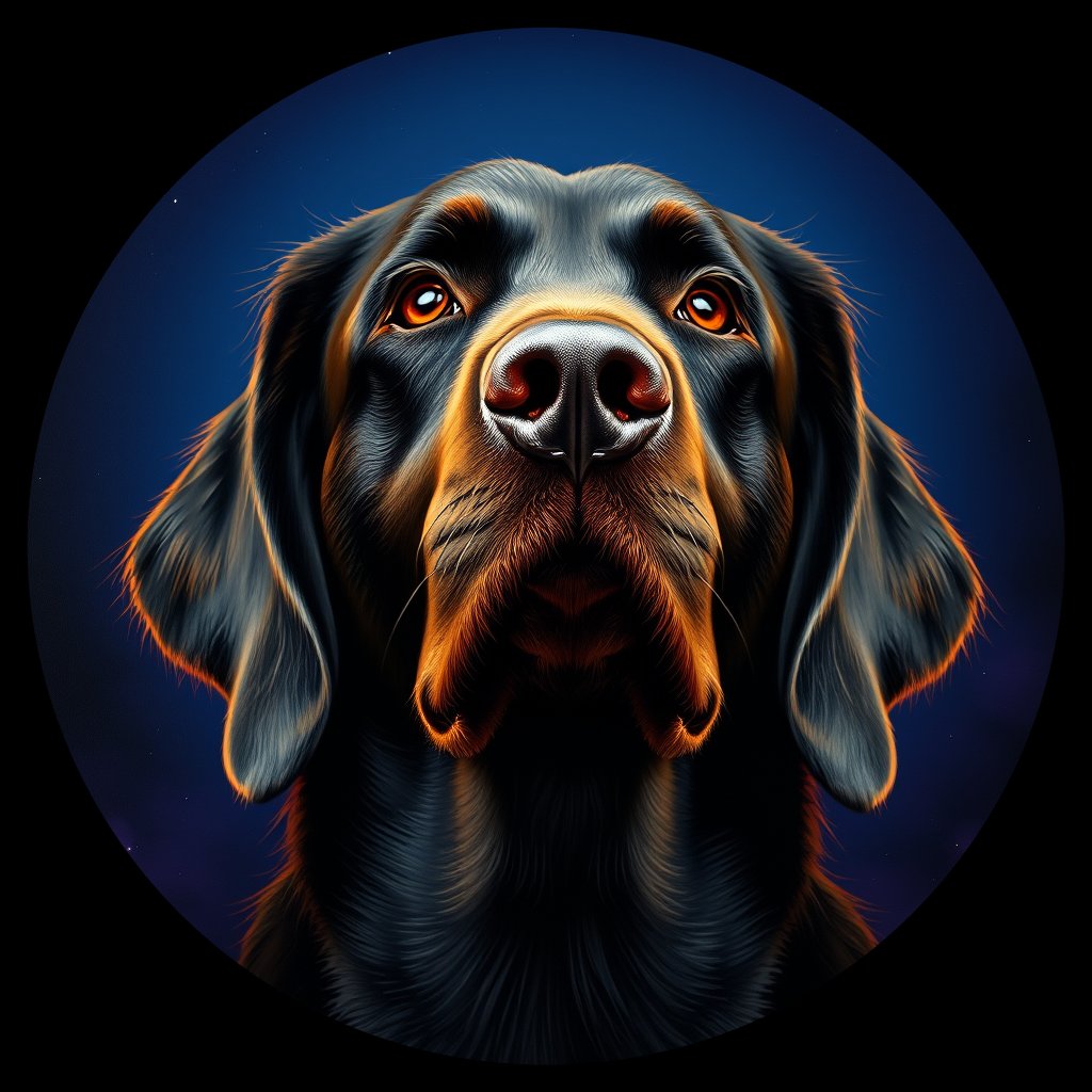 Cosmic medallion portrait of Flat_Coated_Retriever_5013, a Flat Coated Retriever