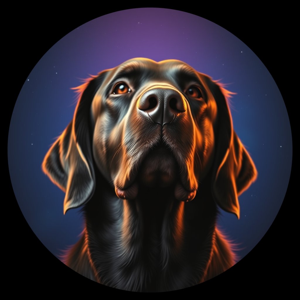 Cosmic medallion portrait of Flat_Coated_Retriever_6690, a Flat Coated Retriever