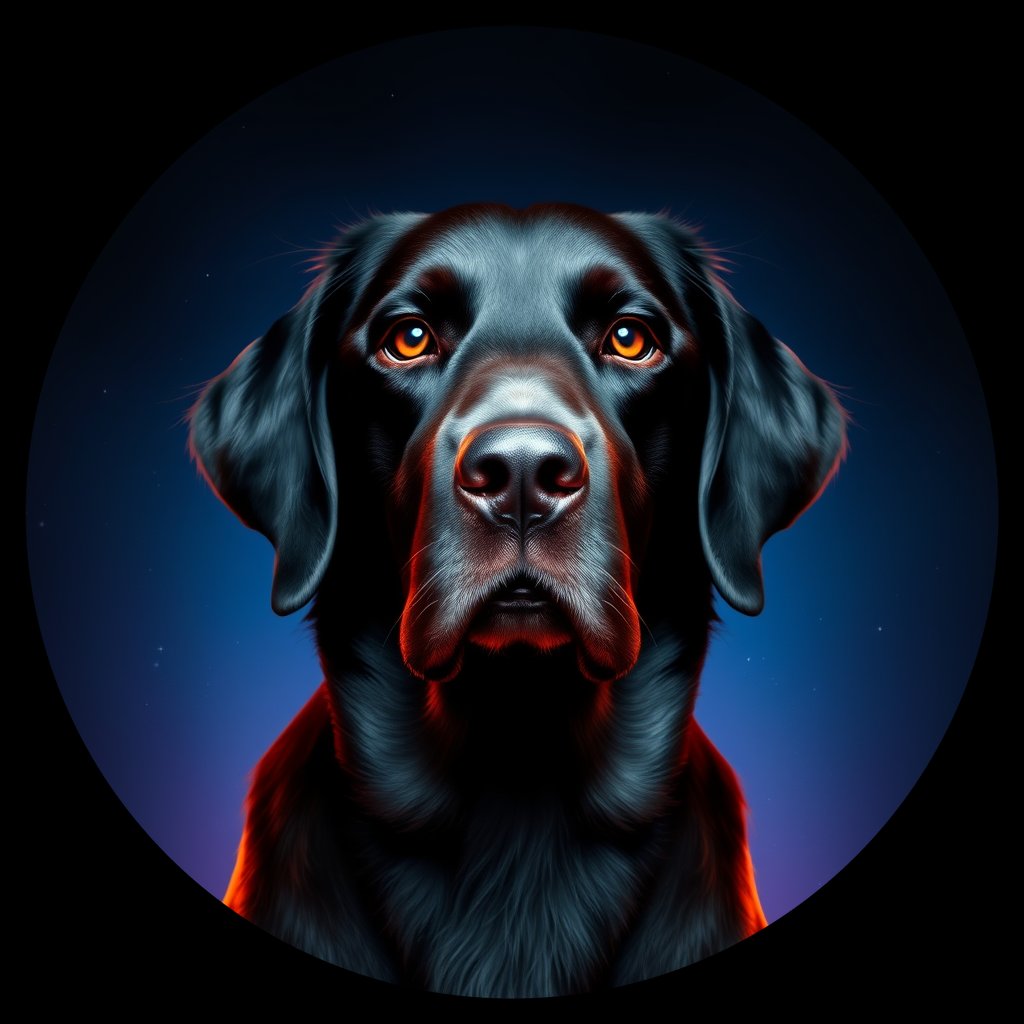 Cosmic medallion portrait of Flat_Coated_Retriever_6845, a Flat Coated Retriever