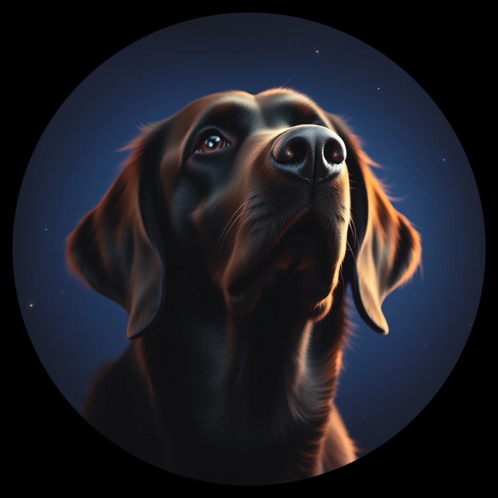 Cosmic medallion portrait of Flat_Coated_Retriever_6847, a Flat Coated Retriever