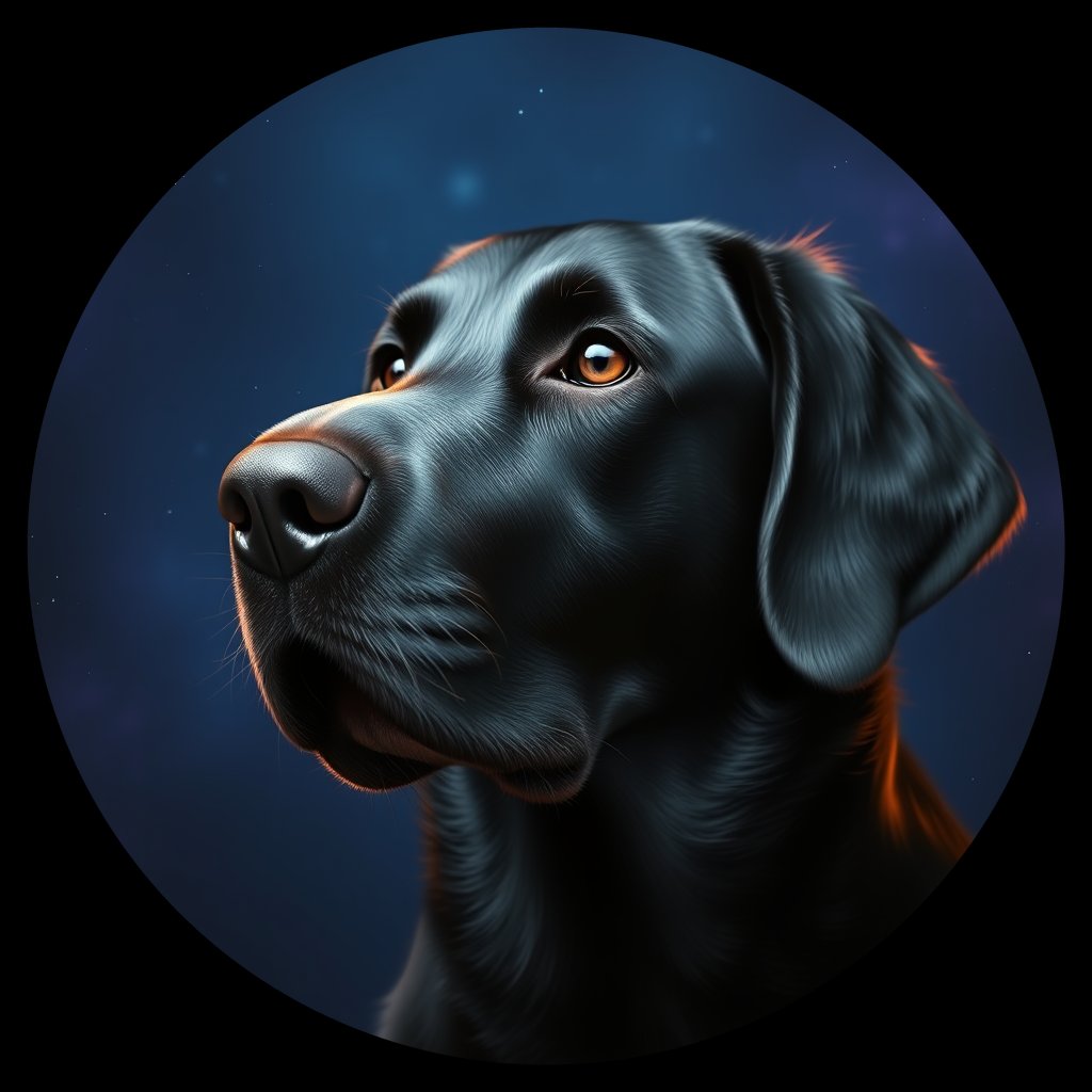 Cosmic medallion portrait of Flat_Coated_Retriever_6856, a Flat Coated Retriever