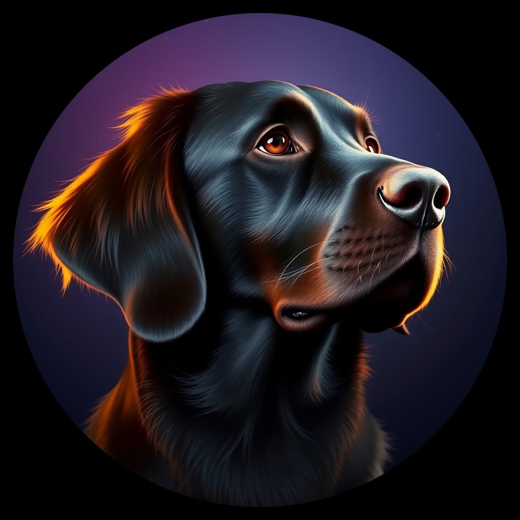 Cosmic medallion portrait of Flat_Coated_Retriever_6858, a Flat Coated Retriever
