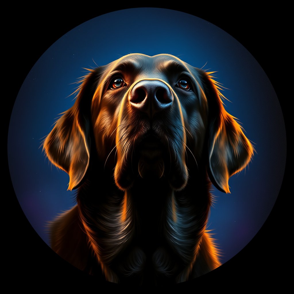 Cosmic medallion portrait of Flat_Coated_Retriever_6859, a Flat Coated Retriever