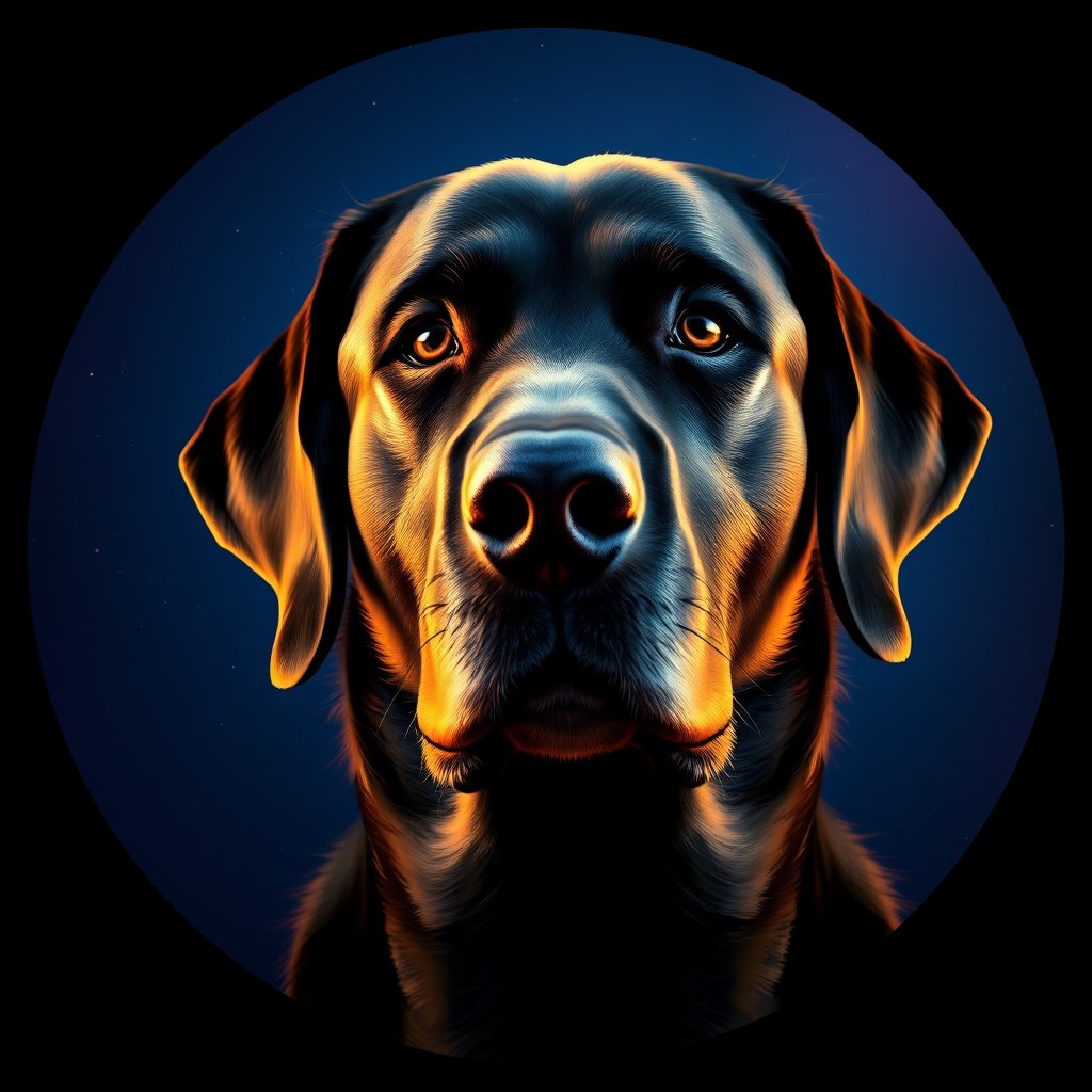 Cosmic medallion portrait of Flat_Coated_Retriever_6862, a Flat Coated Retriever